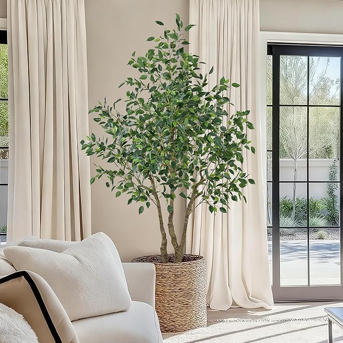 Artificial Ficus Tree 6.5ft - Tall Fake Indoor Tree with Dense Leaves and Realistic Trunks, 78" Faux Tropical Plant Artificial Floor Potted Trees for Home Living Room Office Porch Outdoor Decor