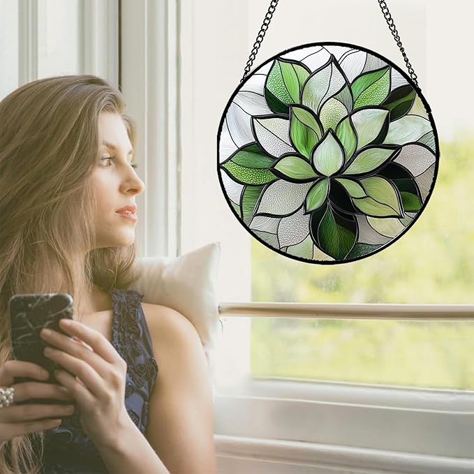 Stained Glass Window Hanging - Ireland Green Plants Suncatcher for Doors Garden Succulent Sun Catchers Decor Mother's St. Patrick's Day Birthday for Women Men Mom Nana 6.3 in
