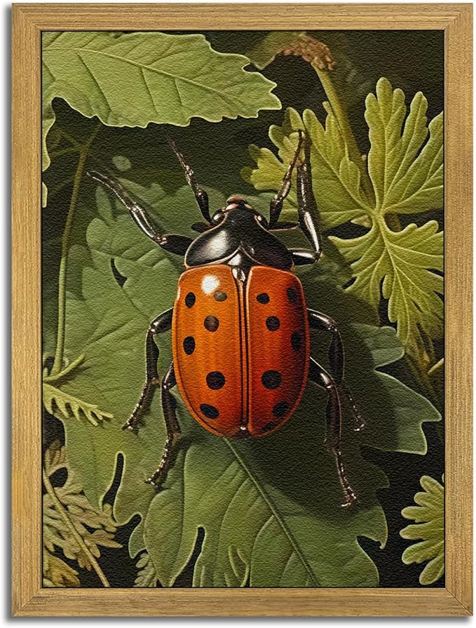 SAMHOU Framed Vintage Beetle Wall Art, 3D Textured Hand Drawn Sandstone Drawn Bug Artwork, Nature Botanical Wall Decor Painting, Rustic Woodland Cottagecore Oil Paintings 16''x24''