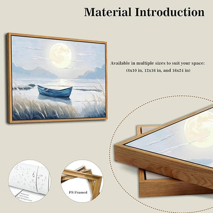 Floating Framed Coastal Bathroom Wall Art, Blue Beach Nautical Ocean Nature Canvas Picture, Blue Boat Moon Lake Mountain Sea Poster Print Painting, for Modern Home Bedroom Wall Decor 12x16 inch