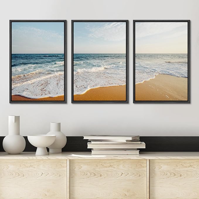 Ashbrook Framed Canvas Print Wall Art Set Tropical Island Coastal Cottage Beach Shore Seascape Nature Wilderness Photography Decorative Nautical Calm/Relax/Cozy for Bedroom - 24"x36"x3 BLACK
