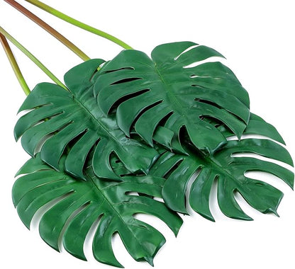 Artificial Monstera Leaves with Long Stem,Fake Tropical Palm Leaves for Hawaiian Luau Jungle Party Home Wedding Decor (4pcs Large)