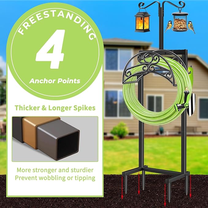 TomCare Garden Hose Holder with 2 Shepherds Hooks Upgraded Heavy Duty Water Hose Holder Holds 160 FT Hoses Freestanding Hose Reel with 2 Tool Hooks Outdoor Hoses Storage Hanger for Outside Yard, Black