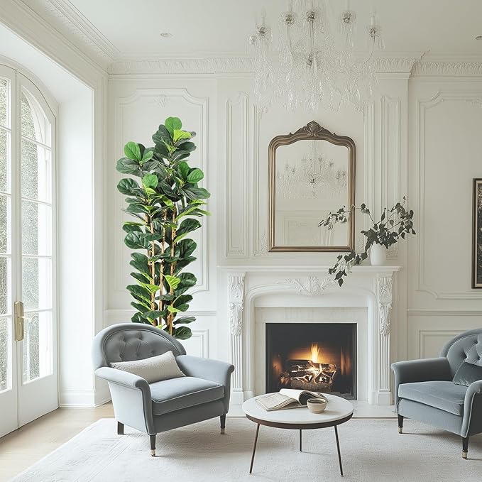 7ft Faux Fiddle Leaf Fig Tree with White Planter, Floor Fake Plants, Realistic Artificial Plants for Home Office Living Room Decor, Housewarming Gift