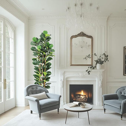 7ft Faux Fiddle Leaf Fig Tree with White Planter, Floor Fake Plants, Realistic Artificial Plants for Home Office Living Room Decor, Housewarming Gift