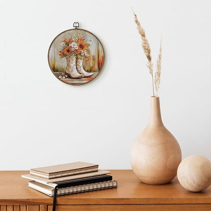 TLESKE Orange Western Cowgirl Round Wall Art Framed 10x10, Fall Sunflower Canvas Wall Art Prints Artwork, Preppy Autumn Wall Hanging Room Door Decor Decorations for Bedroom Living Room