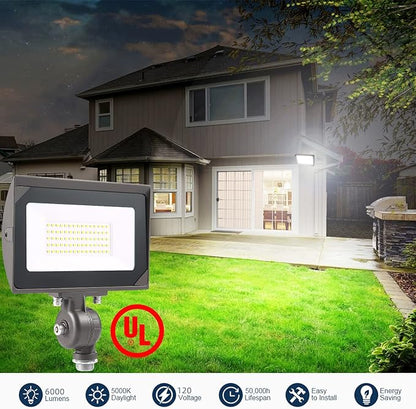 50W Outdoor LED Flood Light With 1/2" Knuckle Mount (Plate Included), 5000K Daylight 6000LM 120V, UL Waterproof LED Security FLood Lighting for Wall Wash /Sign/Flagpole/Tree/Yards/Advertising Boards