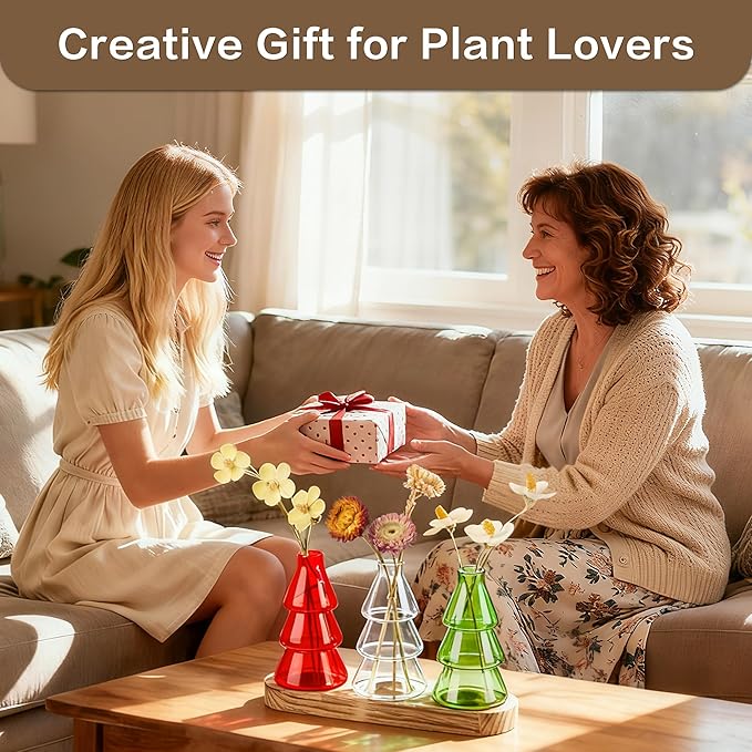 Plant Propagation Stations with Vintage Wooden Pallet,Tricolor Christmas Tree Glass Vase for Plants with DIY Sticker Decoration and Cleaning Brush,Thoughtful and Elegant