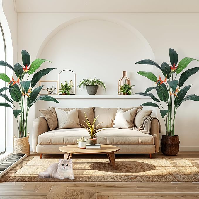 7ft Artificial Bird of Paradise Plant, Tall Faux Plants with 17 Faux Leaves and 3 Blooming Flowers, Artificial Plants Indoor with Black Nursery Pot for Home Decor Office Living Room 1 Pack