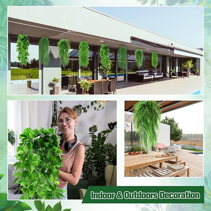 16 Pcs Artificial Hanging Plants Fake Hanging Ferns Plastic Faux Plants for Wall Room Garden Garland Indoor Outdoor Decor No Basket (Boston,Eucalyptus,Ivy Vine,String of Pearls)