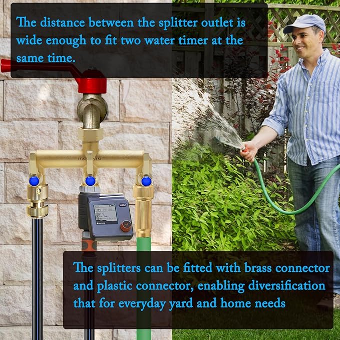 Brass Garden Hose Splitter, 3 Way Hose Splitter, Outdoor Hose Splitter, Outlet for Regulating and Shutting Off Water Flow