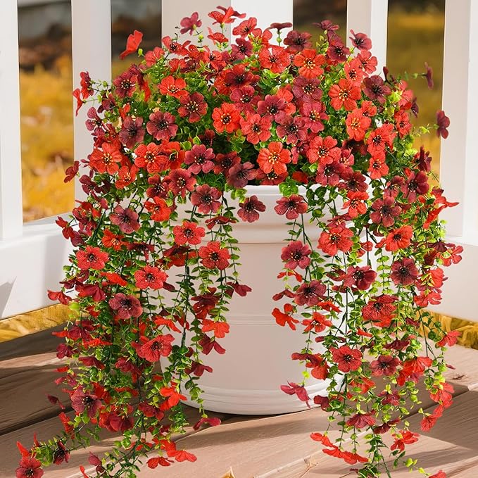 Fake Artificial Hanging Flowers for Outdoors, 2 Pcs Fake Hanging Plant Spring Summer Decor, UV Resistant No Fade Faux Silk Daisy Flower for Front Door Porch Planter Patio Yard Garden(Red Brown)
