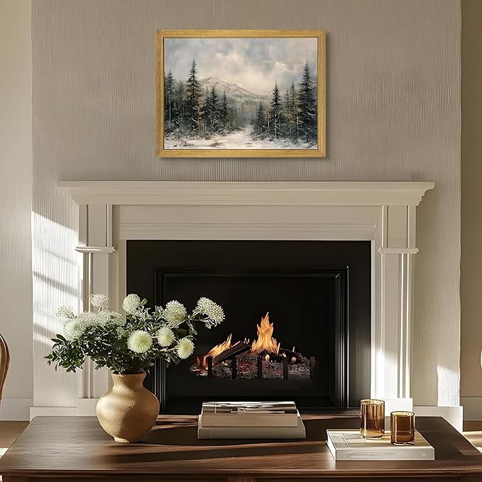 Framed Vintage Wall Art, Forest Landscape Canvas Wall Decor, Winter Pine Tree Poster Print Picture, Christmas Decor Painting for Living Room Bathroom Kitchen Home Decor 16x12 Inch