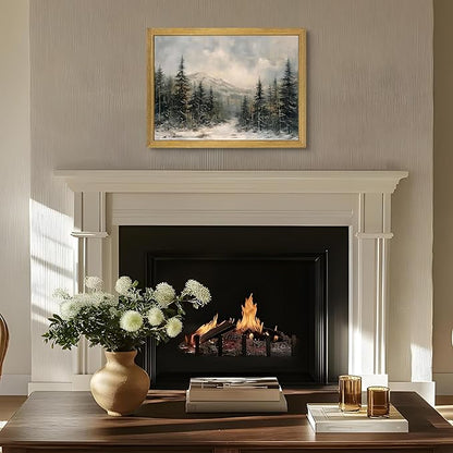 Framed Vintage Wall Art, Forest Landscape Canvas Wall Decor, Winter Pine Tree Poster Print Picture, Christmas Decor Painting for Living Room Bathroom Kitchen Home Decor 16x12 Inch