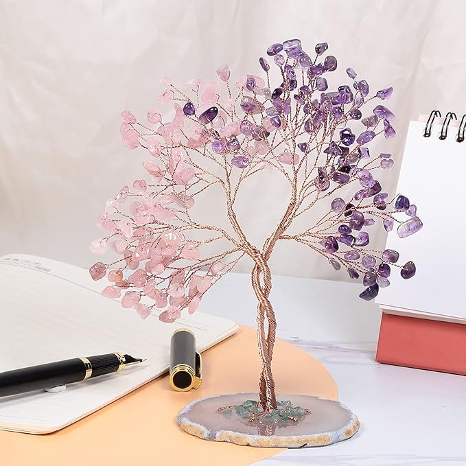 mookaitedecor Handmade Rose Quartz & Amethyst Crystal Tree with Agate Slice Base, Bonsai Money Tree of Life for Wealth and Luck, Feng Shui Home Decor