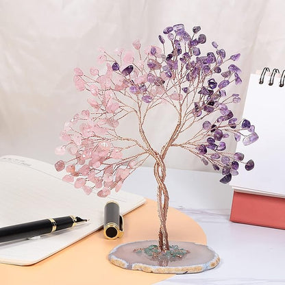 mookaitedecor Handmade Rose Quartz & Amethyst Crystal Tree with Agate Slice Base, Bonsai Money Tree of Life for Wealth and Luck, Feng Shui Home Decor