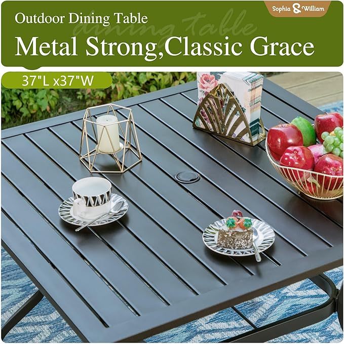 Sophia & William Patio Dining Set with 10ft 3 Tier Auto-tilt Beige Umbrella, 6 Piece Outdoor Table and Chairs with 4 Padded Swivel Rocker Dining Chairs, 1 Square Metal Table and 1 Umbrella Navy Blue