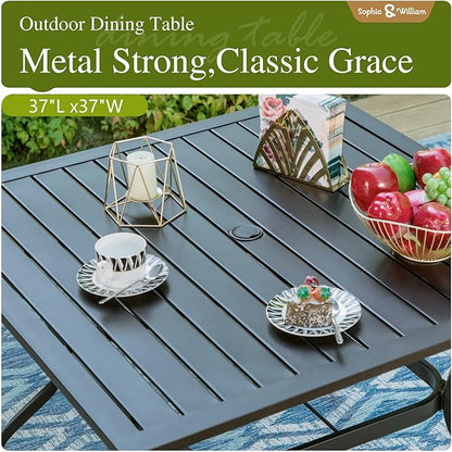 Sophia & William Patio Dining Set with 10ft 3 Tier Auto-tilt Beige Umbrella, 6 Piece Outdoor Table and Chairs with 4 Padded Swivel Rocker Dining Chairs, 1 Square Metal Table and 1 Umbrella