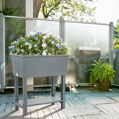 Aoodor 30'' × 14'' × 29'' Elevated Raised Planter Box with Legs, Storage Space, Plastic Drainage Plug & Water Level Indicator for Vegetables Flowers Herbs Outdoor, Gray, Set of 3