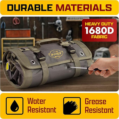 The Ryker PRO Official Roll Up Tool Bag Organizer Gifts for Dad. Motorcycle Tool Bag Organizer for Mechanic & Tools Storage Toolbag Tools Bags Mens gifts for him - w/4 Detachable Pouches & Wrench Roll