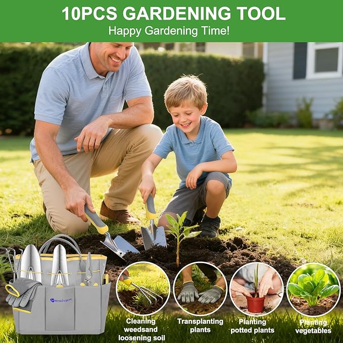 Yesker Gardening Tools 10-Piece Heavy Duty Garden Tool Set Gardening Supplies Gifts for Women Men Gardening Hand Tool Kit w Non-Slip Ergonomic Handle, Garden Bag, Durable Gloves, Pruning Shears, Gray