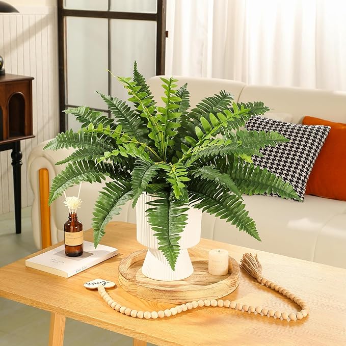 JUSTOYOU 25" Realistic Artificial Boston Fern Bush, Set of 2 with 24 Fronds Faux Fake Ferns UV Resistant Plants for Living Room, Garden, Porch and Front Door Decor