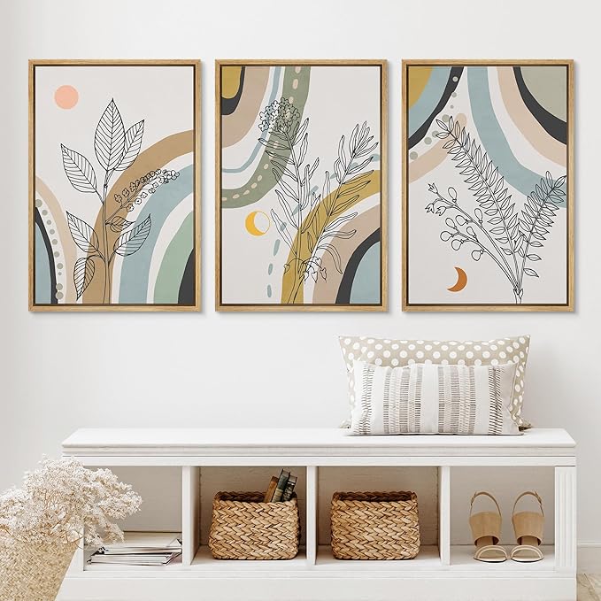 Ashbrook Framed Wall Art Print Set 1960s Retro Floral Forest Plant Silhouettes Abstract Nature Illustrations Modern Art Boho Colorful for Living Room, Bedroom, Office - 24"x36"x3 NATURAL