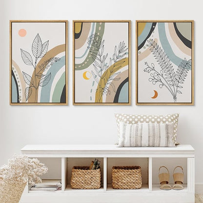 Ashbrook Framed Wall Art Print Set 1960s Retro Floral Forest Plant Silhouettes Abstract Nature Illustrations Modern Art Boho Colorful for Living Room, Bedroom, Office - 24"x36"x3 NATURAL