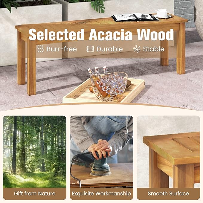 COSTWAY Outdoor Bench, 52” Backless Acacia Wood Narrow Bench for Patio, Park, Garden & Front Porch (2,52”)