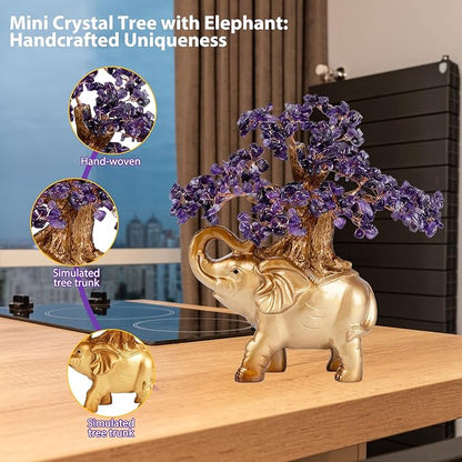 Amethyst Crystal Money Tree on Gold Mini Elephant Statue, 10”Gemstone Bonsai Tree of Life Home Décor Gifts for Wealth Positive Energy, Feng Shui Décor