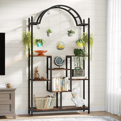 Tribesigns 5-Tier Tall Indoor Plant Stand, 74.8'' Arched Metal Flower Shelf with Hanging Hooks, Large Bonsai Pots Display Rack for Indoor, Balcony, Living Room