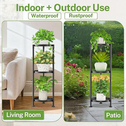 iDavosic.ly 3 Tier Plant Stand Indoor with 10 Inch Wide Tray, Vertical Corner Metal Outdoor Flower Display Holder Shelf, Folding Tall Rack for Patio Porch Living Room, Modern Black