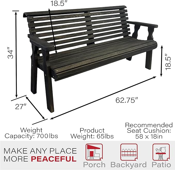 Amish Casual Heavy Duty 5 Foot Roll Back Outdoor Bench in Black Stain - Amish Made in The USA from Treated Pine for Outdoor Durability, 700 Lb Weight Capacity