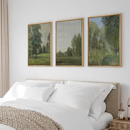 Ashbrook Framed Canvas Print Wall Art Set Fine Art Watercolor Emerald Green Forest Landscape Nature Wilderness Illustrations Floral Botanical Minimal Calm/Relax for Bedroom - 16"x24"x3 NATURAL