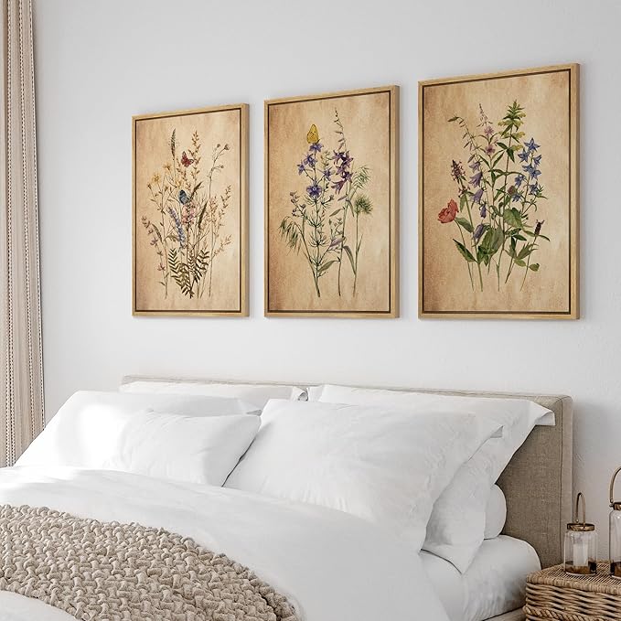 Ashbrook Framed Canvas Print Wall Art Set Vintage Wildflower Bouquet Nature Wilderness Illustrations Modern Art Decorative Floral Botanical Minimal Calm/Relax/Cozy for Bedroom - 24"x36"x3 NATURAL