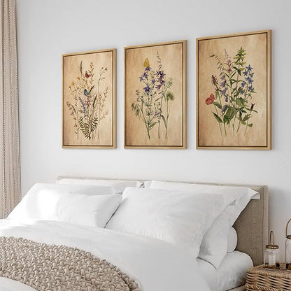 Ashbrook Framed Canvas Print Wall Art Set Vintage Wildflower Bouquet Nature Wilderness Illustrations Modern Art Decorative Floral Botanical Minimal Calm/Relax/Cozy for Bedroom - 24"x36"x3 NATURAL