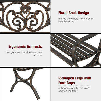 Sophia & William Metal Outdoor Bench, 50" Outdoor Garden Bench Patio Park Bench, Cast Iron Park Benches for Outside with Floral Design Backrest, Bronze
