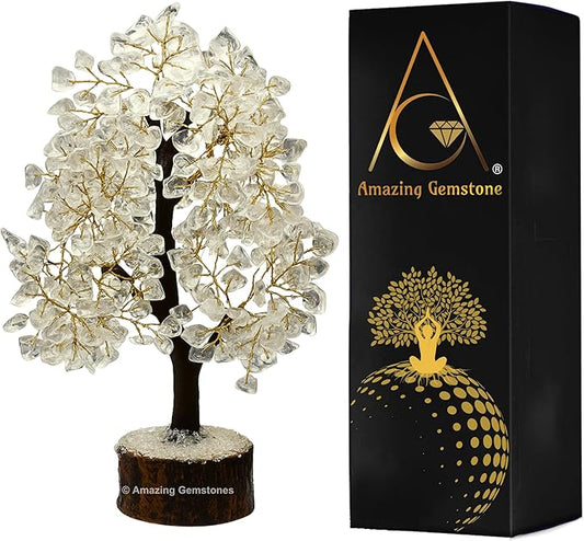 Clear Quartz Natural Healing Premium Crystal Bonsai Feng Shui Fortune Money Tree of Life for Home Office Decor (Gift Box Ready,10-12 Inch)