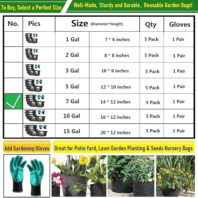 5-Pack 7 Gallon Thickened Plant Grow Bags (14x12 inch) Fabric Plant Pots for Tomato,Potato Planter Bags,Herbs Veggies Planters,Flower Pot,Garden Pot,Barrel Planter,Plant Container W/ Gardening Gloves