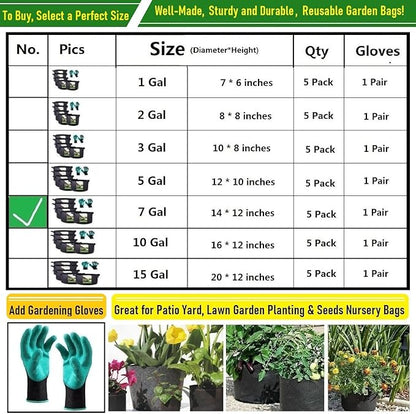 5-Pack 7 Gallon Thickened Plant Grow Bags (14x12 inch) Fabric Plant Pots for Tomato,Potato Planter Bags,Herbs Veggies Planters,Flower Pot,Garden Pot,Barrel Planter,Plant Container W/ Gardening Gloves