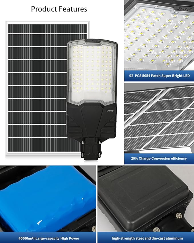 Ofuray OL-8000W Solar Street Lights Outdoor,OHF-Plus 40,000Mah High Power Solar Security Flood Lights Parking Lot Lights Commercial Dusk to Dawn,IP67 6500k Led with Remote for Street,Court,Barn