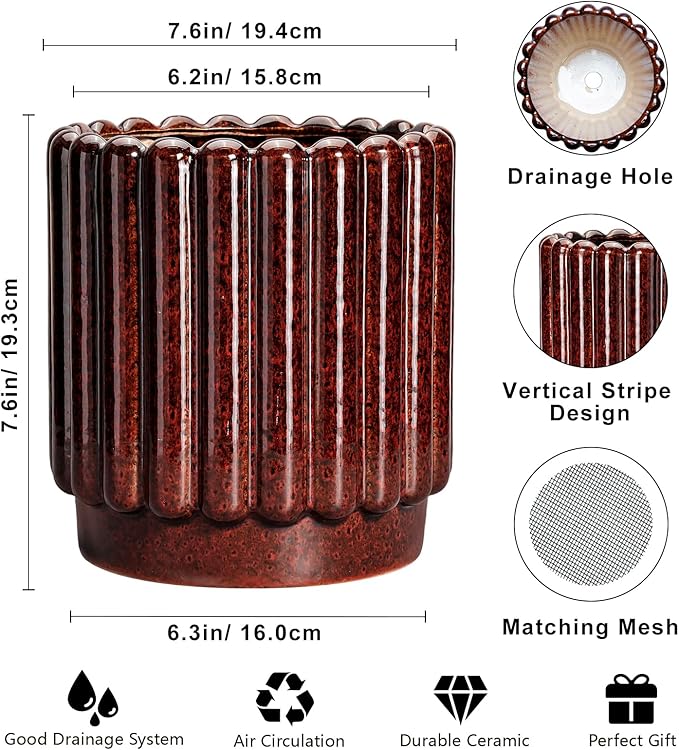 Ceramic Pots for Plants - 7.6 Inch Indoor Planter, Decorative Plant Pots with Drainage Hole, Fluted Ceramic Flower Pots, Round Planter Outdoor, Patio Decor, Gifts for Plant Lovers, Red