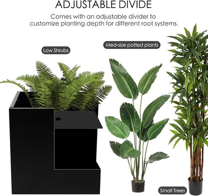 Kozyard 20'' Cube Metal Planter Steel Planter Box Black Steel Flower Pot with Saucer Partition Panel for Trees Plants Flowers Indoor Outdoor Garden Patio Deck Yard