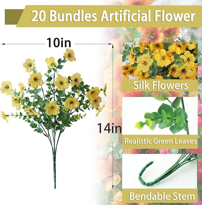 mizii Artificial Flowers for Outdoors 20 Bundles Realistic Faux Silk Flower UV Resistant Fake Plants Outside Decorations for Patio Garden Balcony Yard Porch Summer Indoor Home Decor (Yellow)