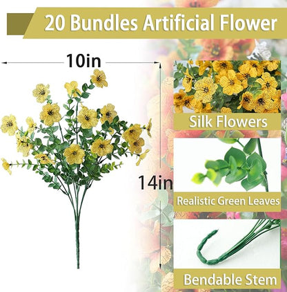 mizii Artificial Flowers for Outdoors 20 Bundles Realistic Faux Silk Flower UV Resistant Fake Plants Outside Decorations for Patio Garden Balcony Yard Porch Summer Indoor Home Decor (Yellow)