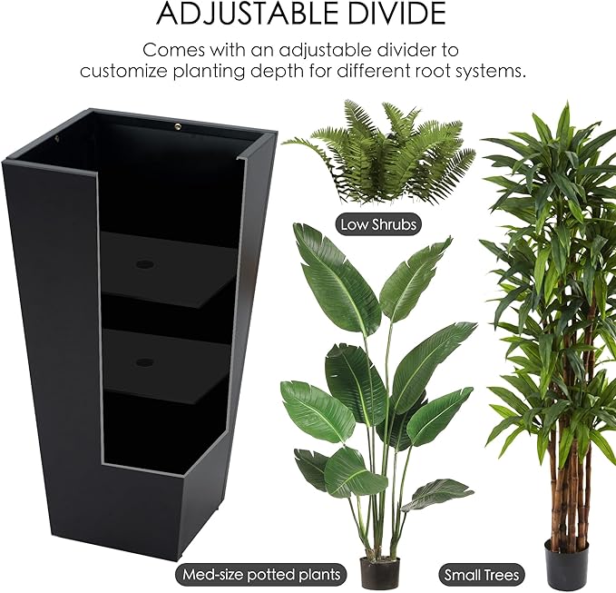 Kozyard 30" Hx15.4 Lx15.4 W Tall Taper Black Metal Planter Flower Plant Pot Indoor Outdoor Planters Steel Flower Pot All-Weather Use with 2 Partition Panels for for Trees, Plants Flowers