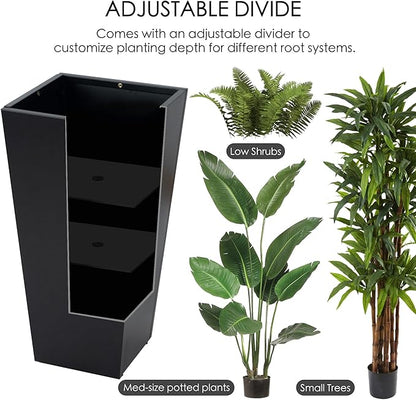 Kozyard 30" Hx15.4 Lx15.4 W Tall Taper Black Metal Planter Flower Plant Pot Indoor Outdoor Planters Steel Flower Pot All-Weather Use with 2 Partition Panels for for Trees, Plants Flowers