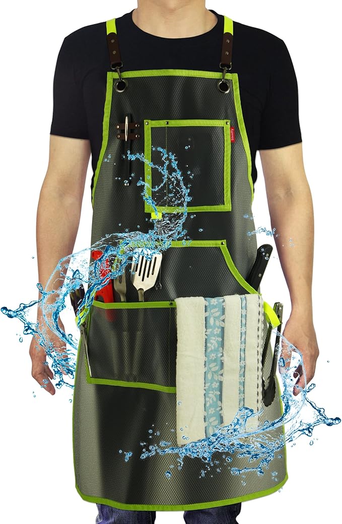 Waterproof Work Apron for Chefs, Hair Stylists, Artists, Gardeners, Adjustable, Multi-Pockets, TPU Mesh Fabric, Plus Size