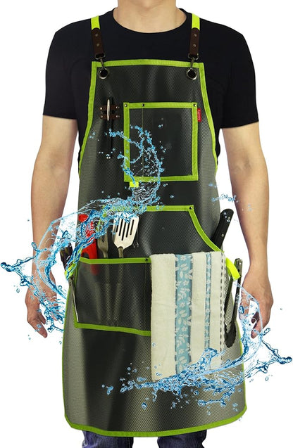 Waterproof Work Apron for Chefs, Hair Stylists, Artists, Gardeners, Adjustable, Multi-Pockets, TPU Mesh Fabric, Plus Size