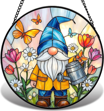 Stained Glass Window Hanging, Gnome in Garden Sun Catcher for Indoor Window Decoration with Flowers & Butterflies, Stained Glass Home Decor Gift for Women and Men G34 (7.9'')